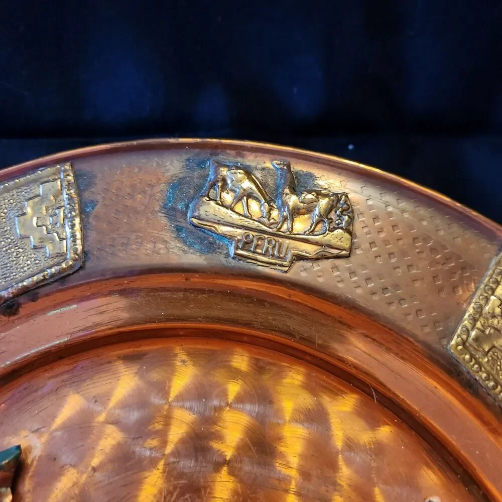 Vintage Peru Copper Metal Decorative Plate Handpainted